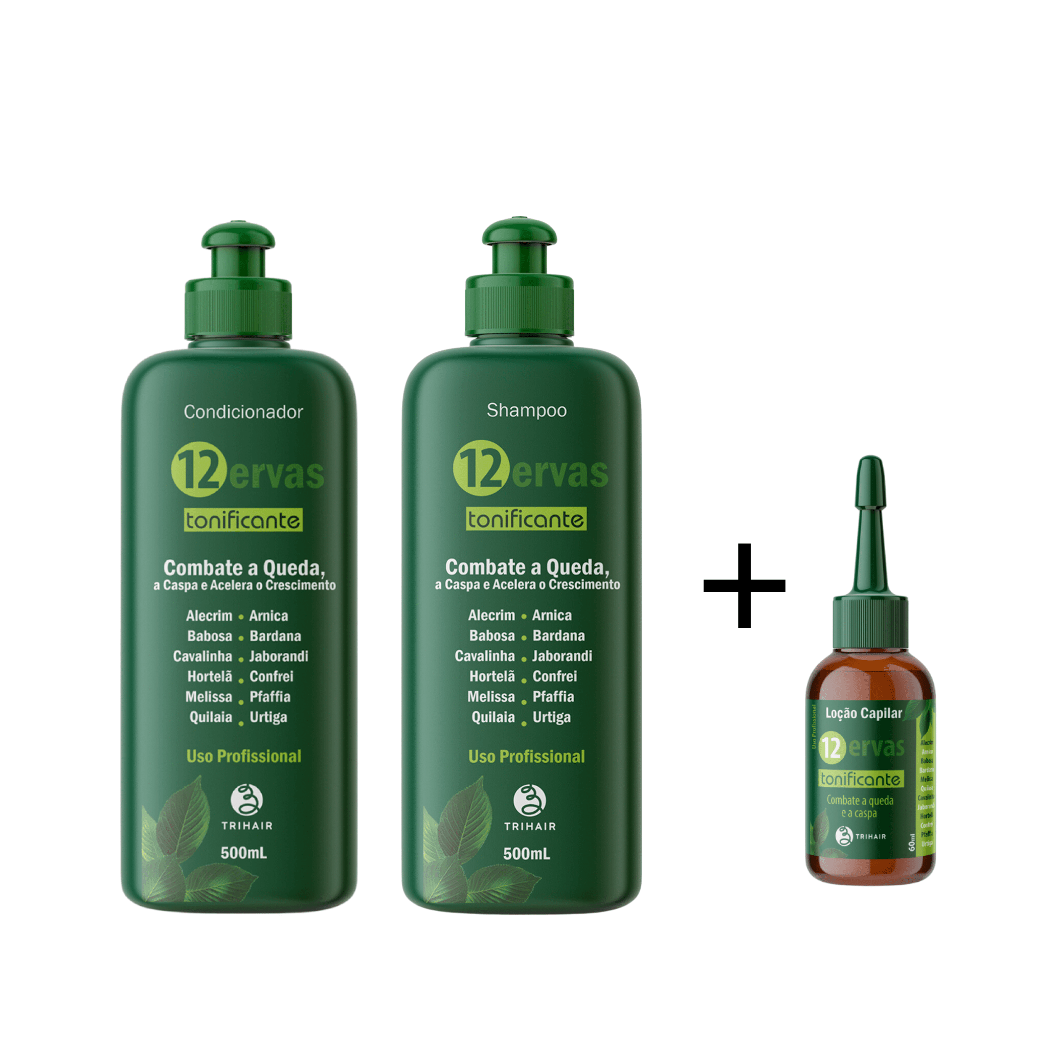 Shampoo 12 Ervas Tonificante - 500ml + Condicionador 12 Ervas Tonificante + Loção 12 Ervas - 60ml - Trihair Cosméticos
