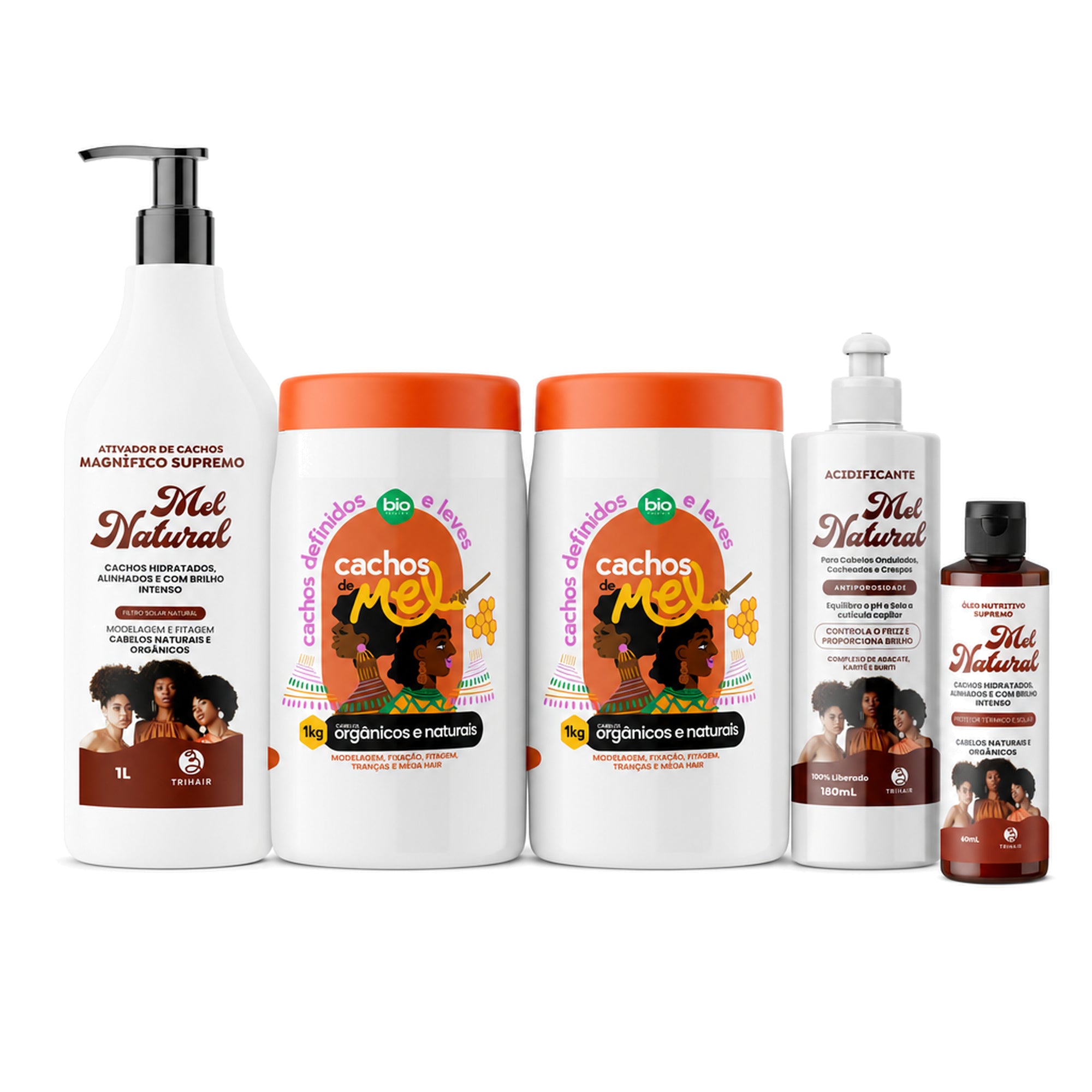 Kit Mel Supremo: 2 potes de Cachos de Mel 1kg, Acidificante Mel Natural 180ml, Óleo Nutritivo Supremo 60ml e Ativador Mel Natural 1L