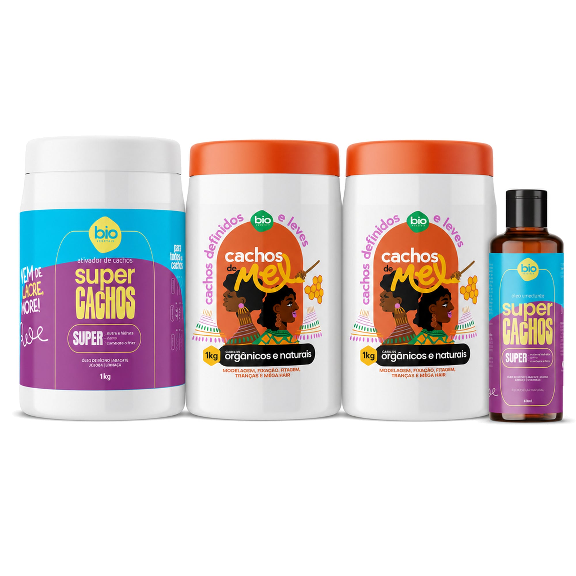 Kit Dose Dupla de Mel: 2 potes de Cachos de Mel 1kg, Óleo Umedecedor Super Cachos 60ml e Ativador Super Cachos 1kg