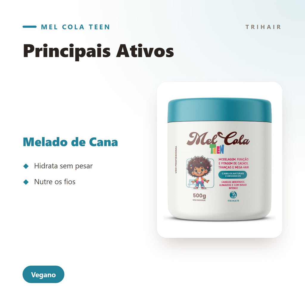 Ativos do Mel Cola Teen Azul Trihair — melado de cana que hidrata e nutre os fios