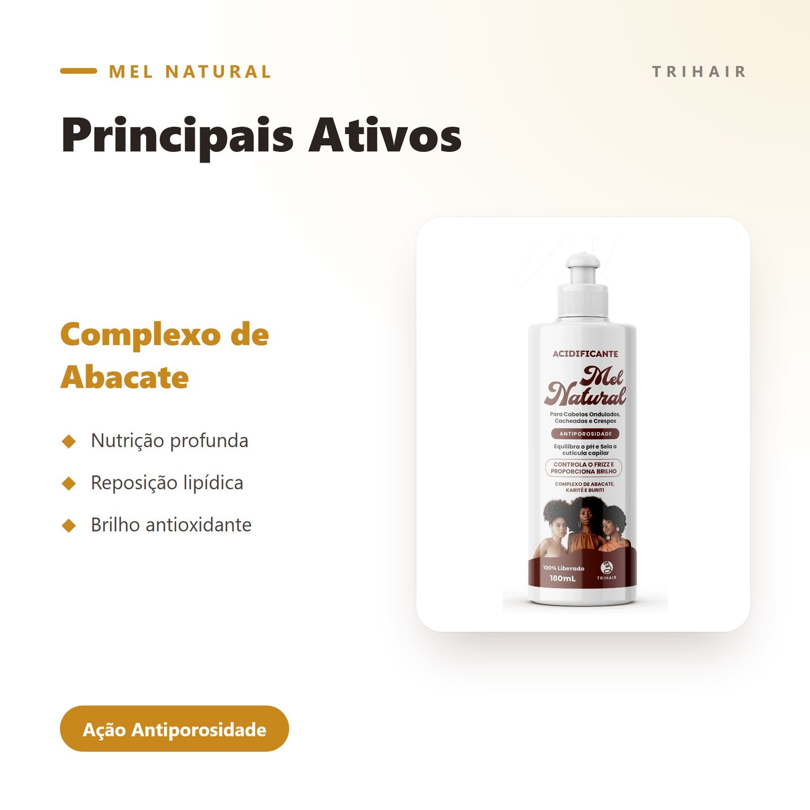 Ativos do Acidificante Mel Natural Trihair — Abacate, Karité e Óleo de Buriti