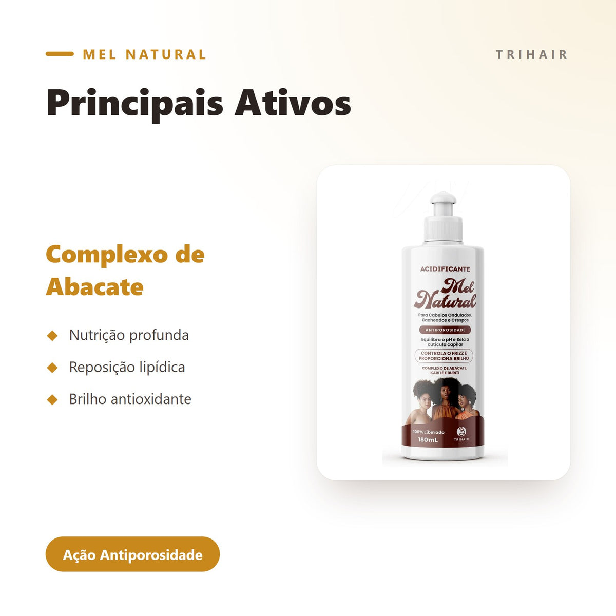 Ativos do Acidificante Mel Natural Trihair — Abacate, Karité e Óleo de Buriti