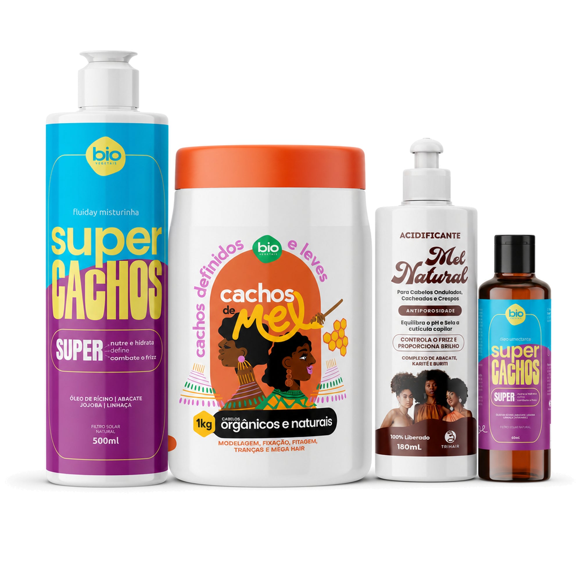 Kit Define e Revive: Cachos de Mel 1kg, Acidificante Mel Natural 180ml, Fluiday Day-after Super Cachos 500ml e Óleo Umedecedor Super Cachos 60ml