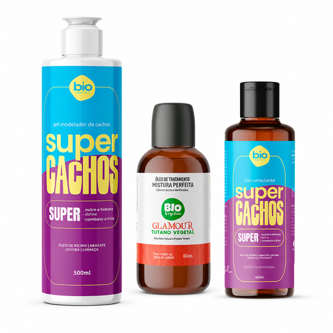 Kit Cachos Perfeitos — Gel Modelador Super Cachos 500ml + Óleo Umedecedor Super Cachos 60ml + Óleo Tutano 60ml