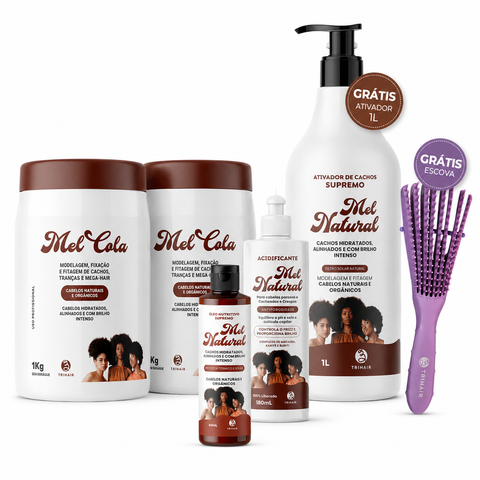 2 Mel Cola Trihair 1kg + Acidificante + Óleo Nutritivo Mel Natural + Ativador 1L e Escova Grátis