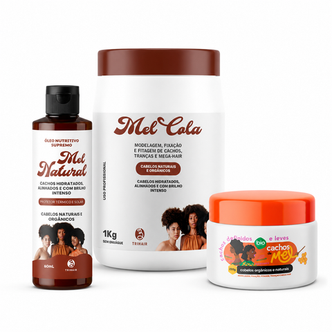 Mel Cola Trihair 1kg + Cachos de Mel 250g + Óleo Nutritivo Mel Natural — Modela e Nutre