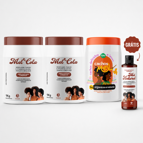 2 Mel Cola Trihair 1kg + Cachos de Mel 1kg + Óleo Nutritivo Grátis — Trio de Mel 3kg