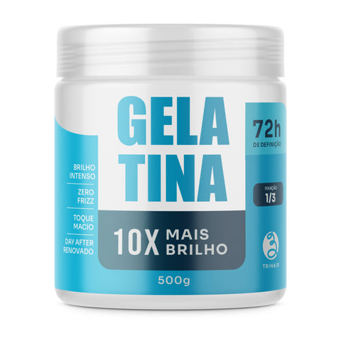 Gelatina Mais Brilho Trihair 500g — pote azul, fixação leve 1/3, 72h de definição, 10x mais brilho