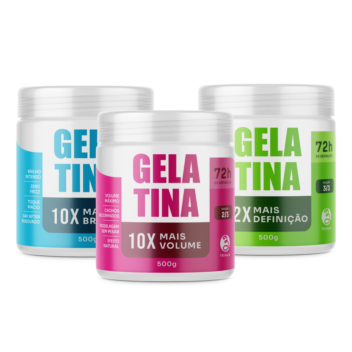 Kit 3 Gelatinas Trihair 500g — Mais Brilho (azul), Mais Volume (rosa) e Mais Definição (verde)