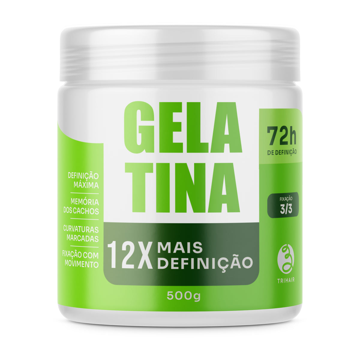 Gelatina Mais Definição Trihair 500g — pote verde, fixação forte 3/3, 72h de definição, 12x mais definição