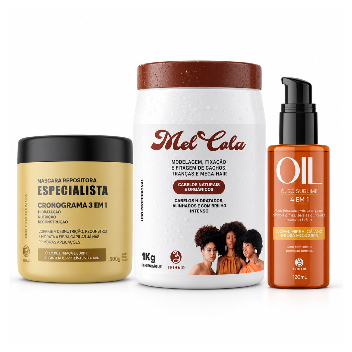 Kit Rotina Profissional Trihair: Máscara Repositora Especialista 500g, Mel Cola 1kg e Óleo Sublime 4 em 1 120ml