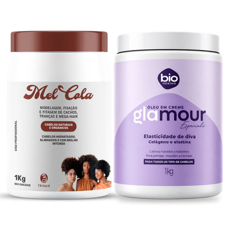 Combo Mel Cola Trihair 1kg + Óleo em Creme Glamour Especiali Colágeno e Elastina Bio Vegetais 1kg