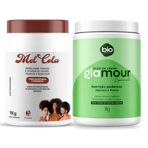 Combo Mel Cola Trihair 1kg + Óleo em Creme Glamour Especiali Abacate e Rícino Bio Vegetais 1kg