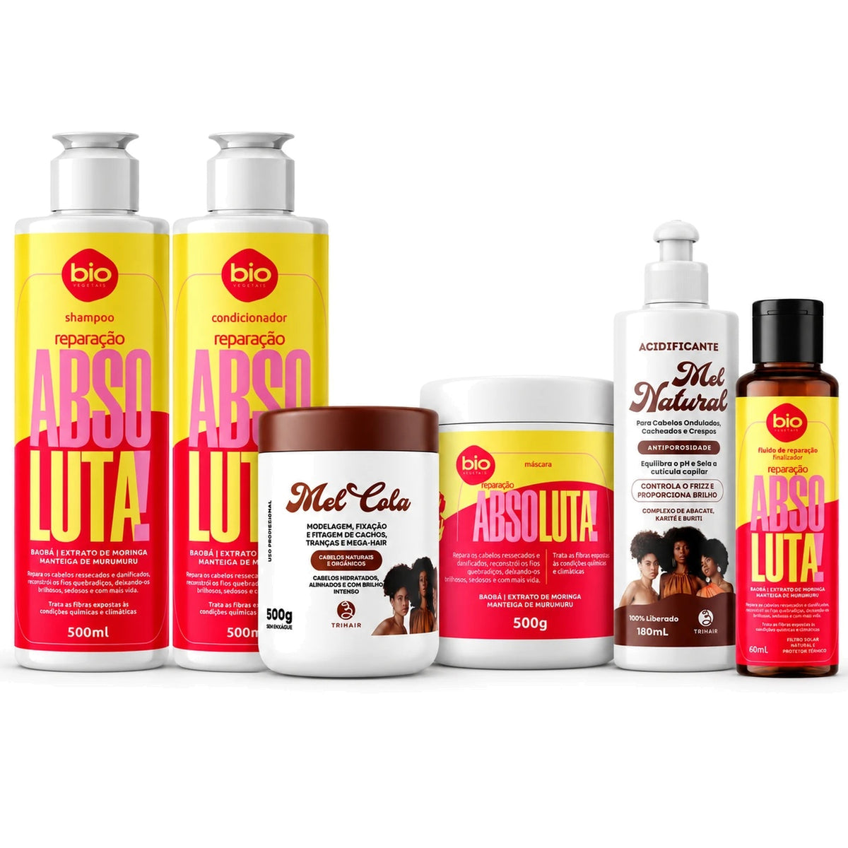 Kit Reparação Absoluta + Mel Cola + Acidificante - Shampoo + Condicionador + Máscara + Fluido + Mel Cola 500g + Acidificante 180ml