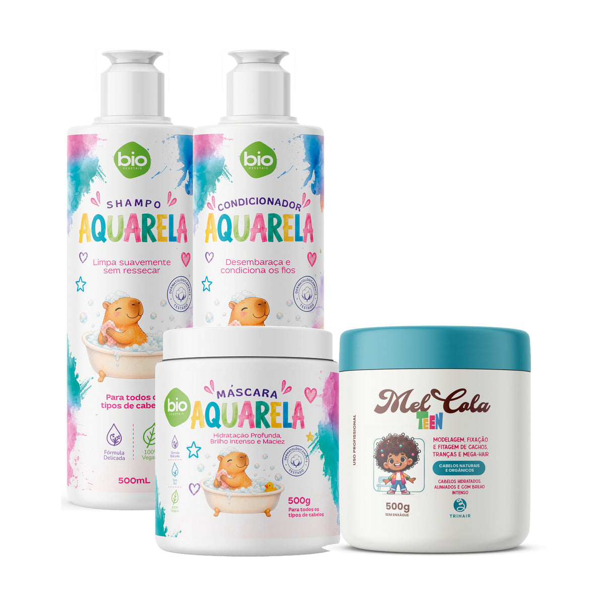 Kit Aquarela Shampoo, Condicionador e Máscara + Mel Cola Teen Azul 500g - 4 Produtos