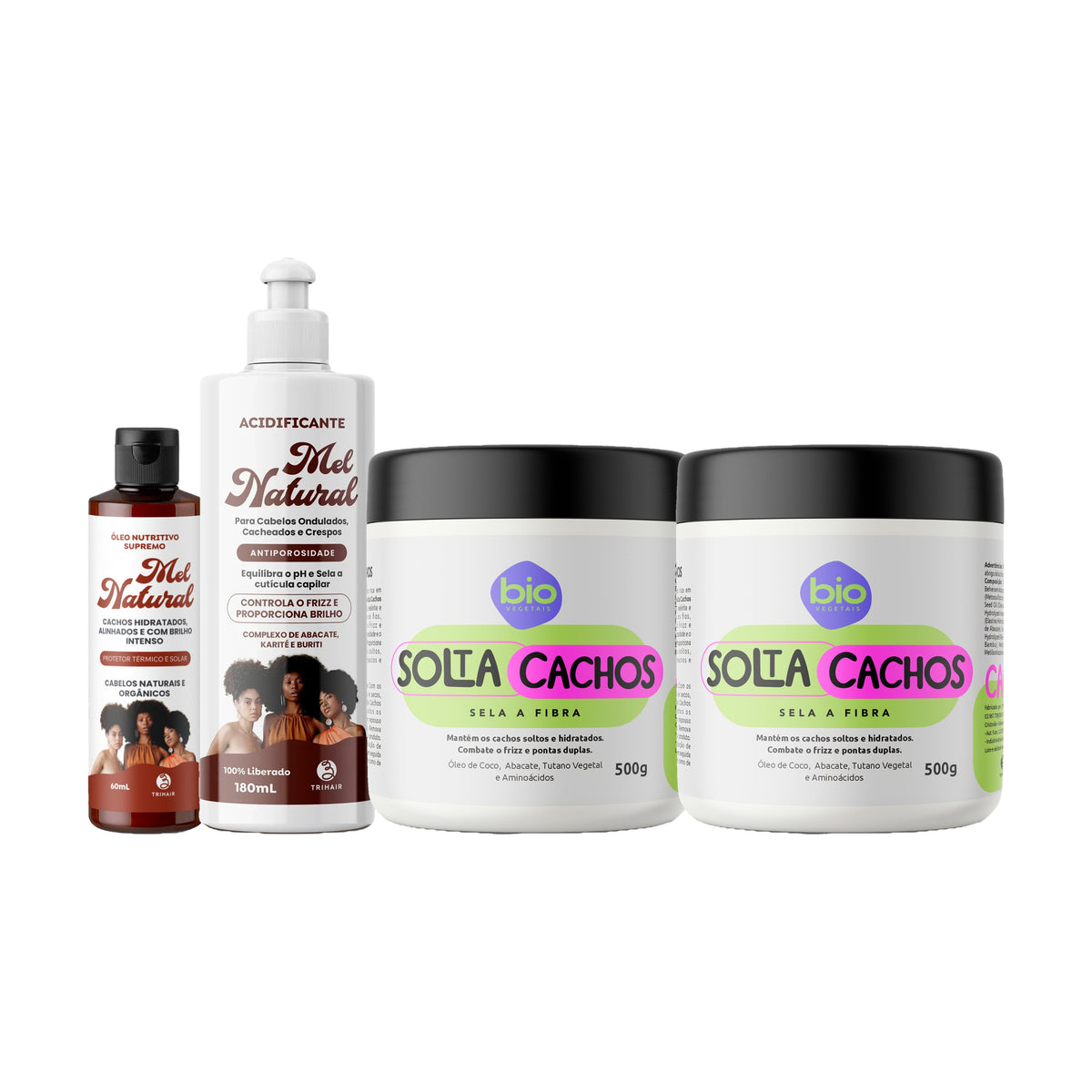 Kit BTX Turbo: 2 BTX Solta Cachos Bio Vegetais 500g + Acidificante Mel Natural 180ml + Óleo Nutritivo 60ml