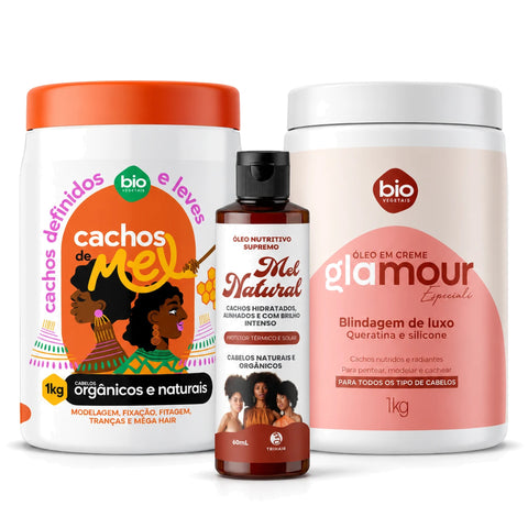 Kit Cachos de Mel 1kg + Óleo em Creme Glamour Especiali Blindagem de Luxo 1kg + Óleo Nutritivo Mel Natural 60ml - Bio Vegetais