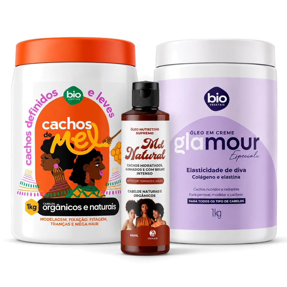 Kit Cachos de Mel 1kg + Óleo em Creme Glamour Especiali Elasticidade de Diva 1kg + Óleo Nutritivo Mel Natural 60ml - Bio Vegetais