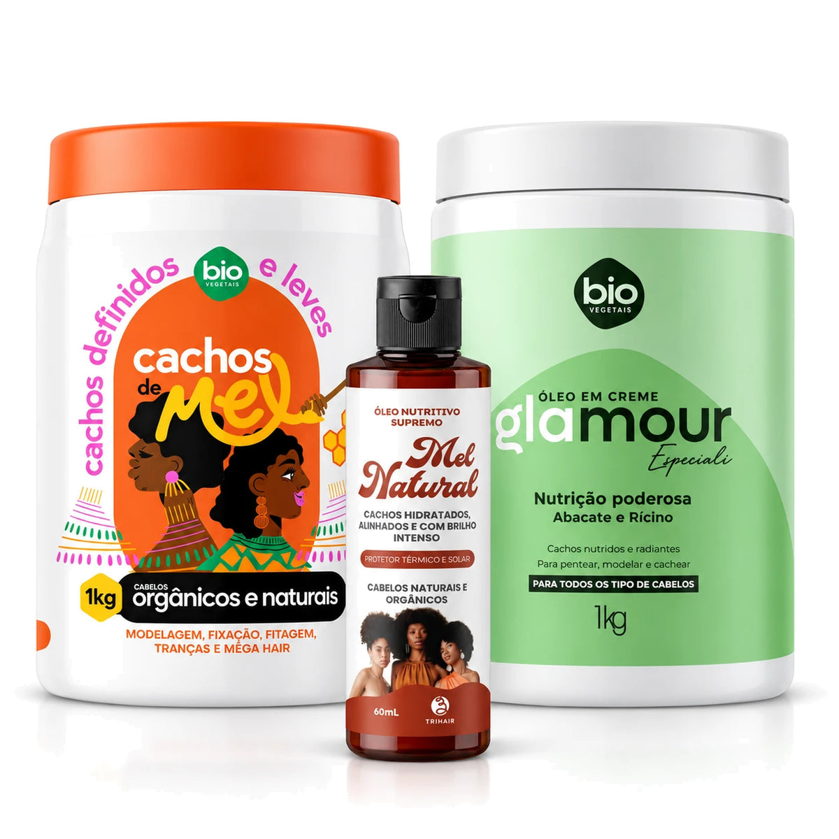 Kit Cachos de Mel 1kg + Óleo em Creme Glamour Especiali Nutrição Poderosa 1kg + Óleo Nutritivo Mel Natural 60ml - Bio Vegetais