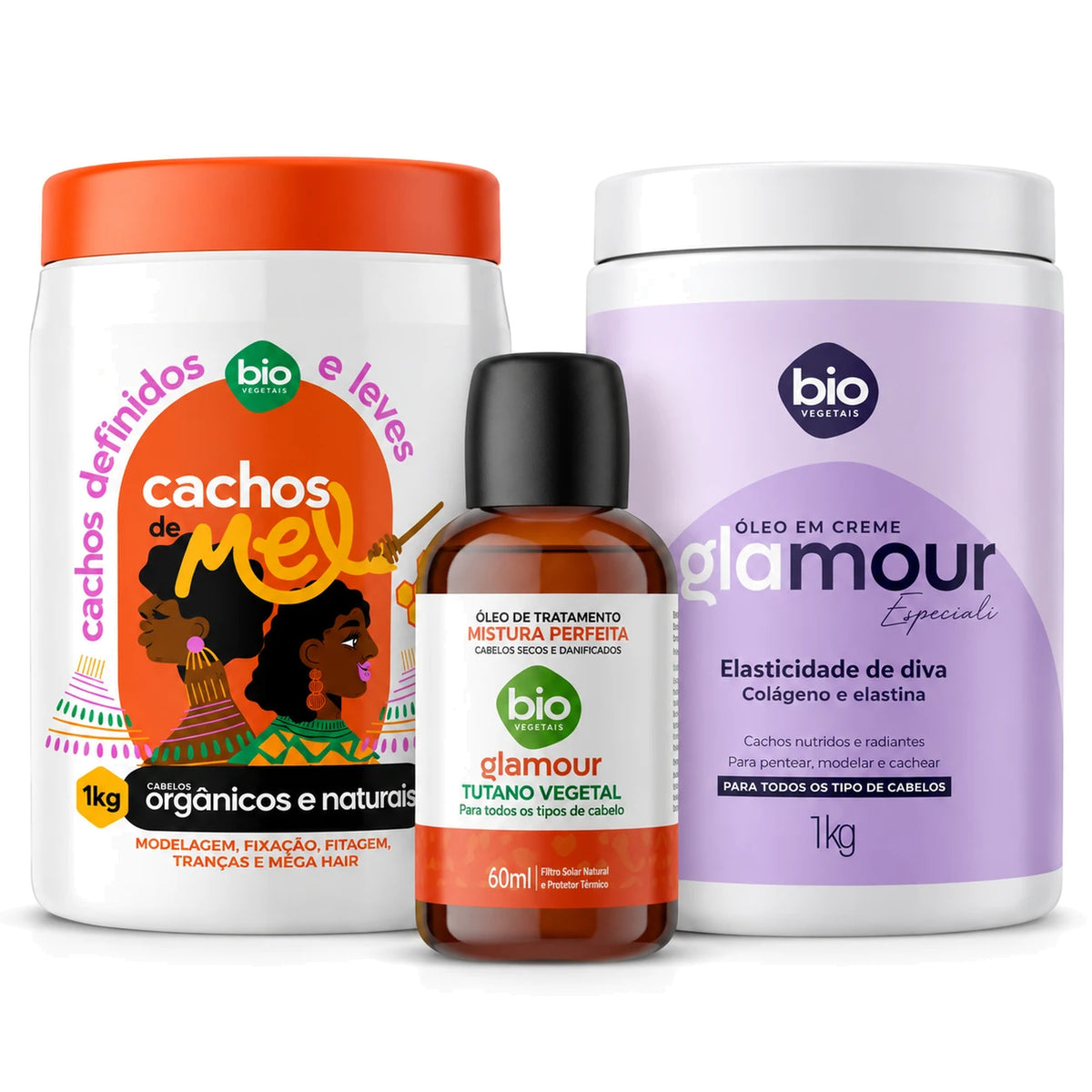 Kit Cachos de Mel 1kg + Óleo em Creme Glamour Especiali Elasticidade de Diva 1kg + Óleo de Tratamento Tutano 60ml - Bio Vegetais