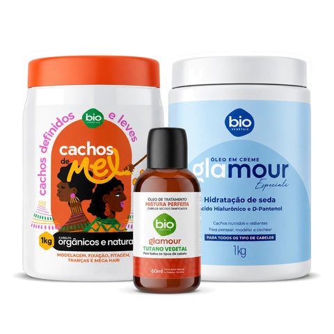 Kit Cachos de Mel 1kg + Óleo em Creme Glamour Especiali Hidratação de Seda 1kg + Óleo de Tratamento Tutano 60ml - Bio Vegetais