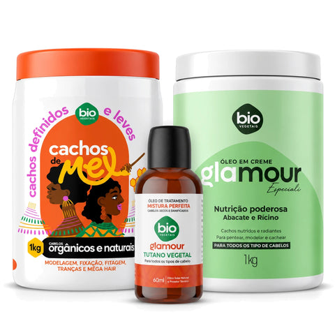Kit Cachos de Mel 1kg + Óleo em Creme Glamour Especiali Nutrição Poderosa 1kg + Óleo de Tratamento Tutano 60ml - Bio Vegetais