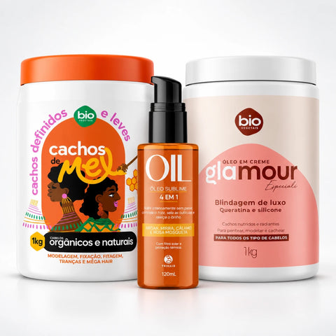 Kit Cachos de Mel 1kg + Óleo em Creme Glamour Especiali Blindagem de Luxo 1kg + Óleo Sublime 4 em 1 120ml - Bio Vegetais e Trihair