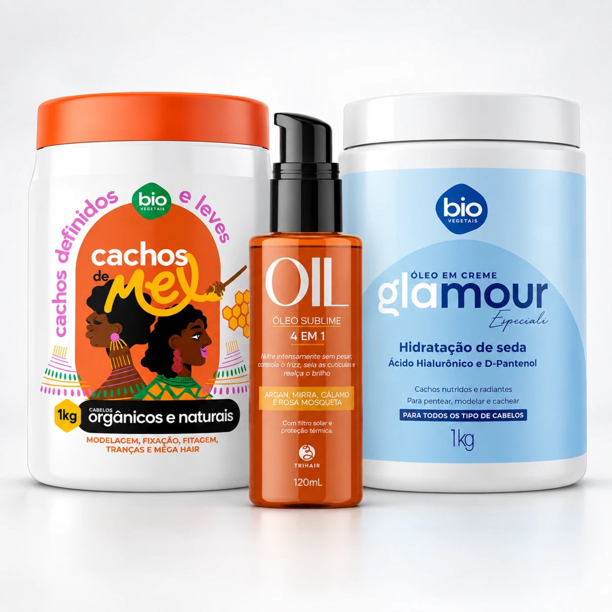 Kit Cachos de Mel 1kg + Óleo em Creme Glamour Especiali Hidratação de Seda 1kg + Óleo Sublime 4 em 1 120ml - Bio Vegetais e Trihair
