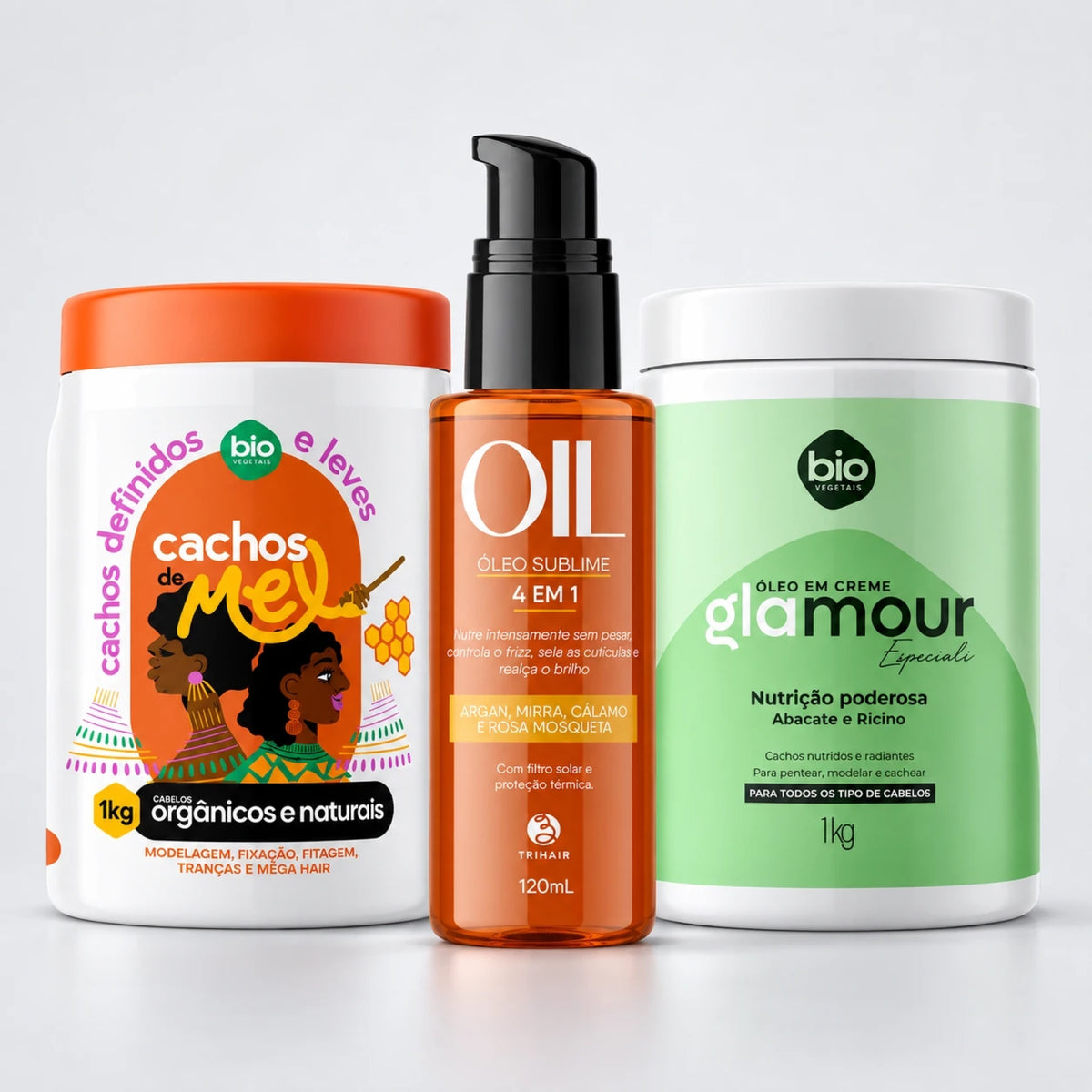 Kit Cachos de Mel 1kg + Óleo em Creme Glamour Especiali Nutrição Poderosa 1kg + Óleo Sublime 4 em 1 120ml - Bio Vegetais e Trihair