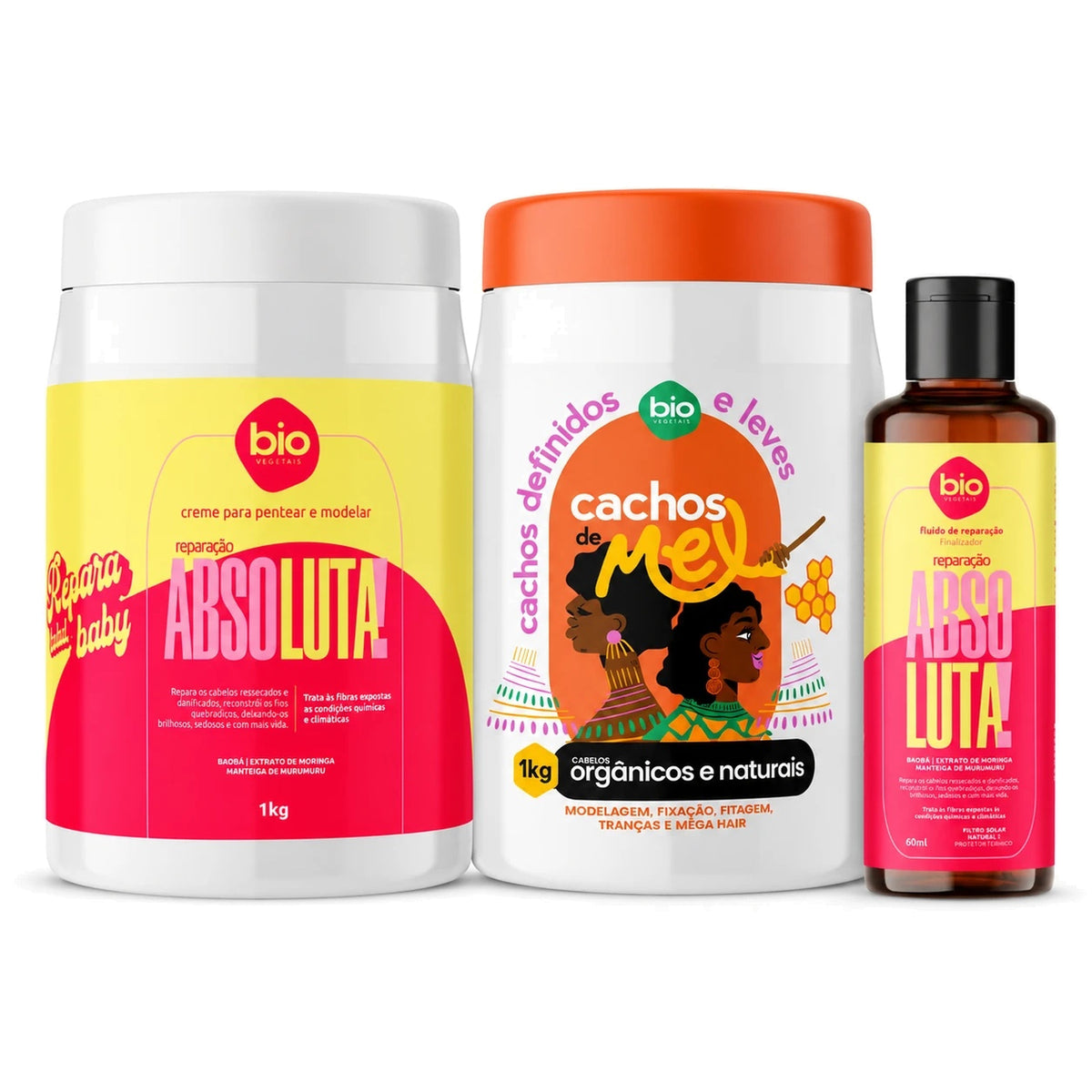 Kit Cachos de Mel 1kg + Creme de Pentear Reparação Absoluta 1kg + Fluido 60ml - Bio Vegetais