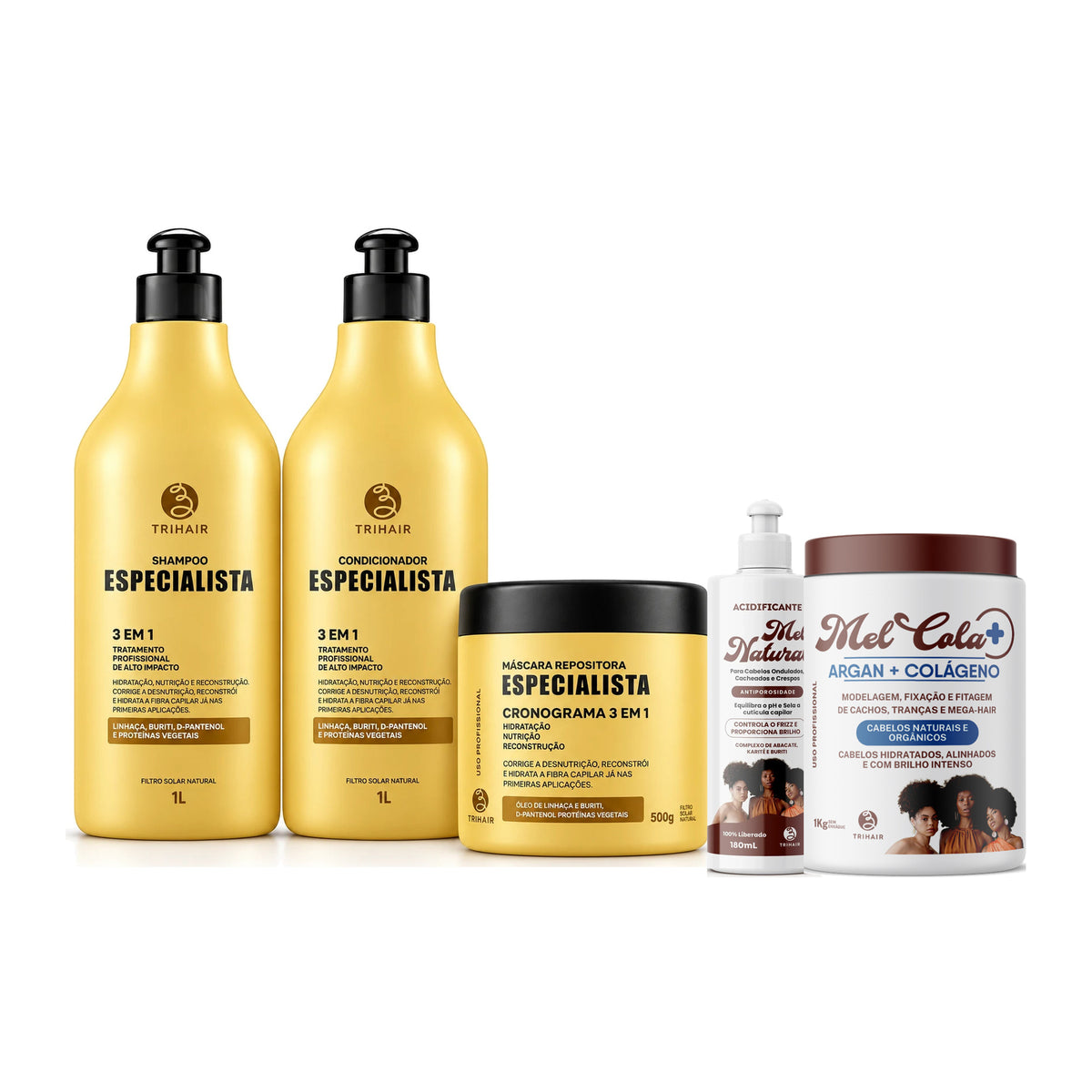 Kit Especialista Trihair + Mel Cola Argan + Colágeno 1kg + Acidificante Mel Natural 180ml