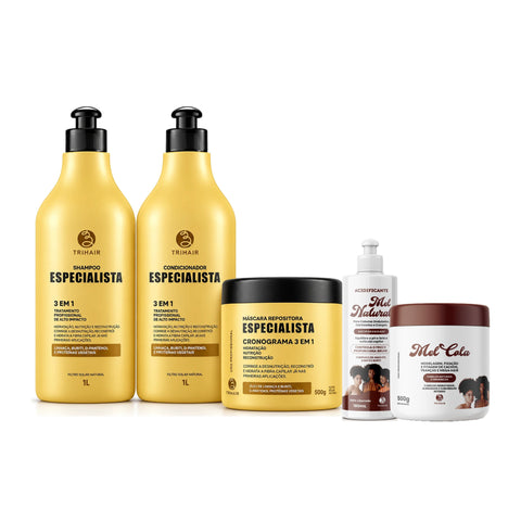 Kit Especialista Trihair + Mel Cola 500g + Acidificante Mel Natural 180ml - Shampoo 1L, Condicionador 1L e Máscara 500g