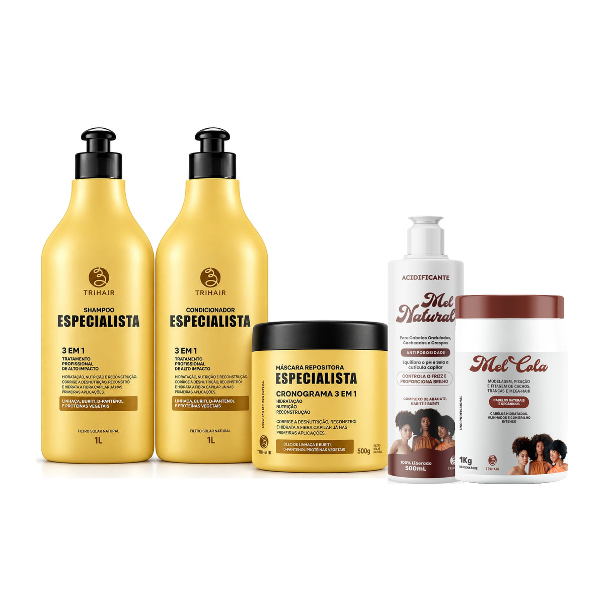 Kit Especialista Trihair + Mel Cola 1kg + Acidificante Mel Natural 500ml - Shampoo 1L, Condicionador 1L e Máscara 500g