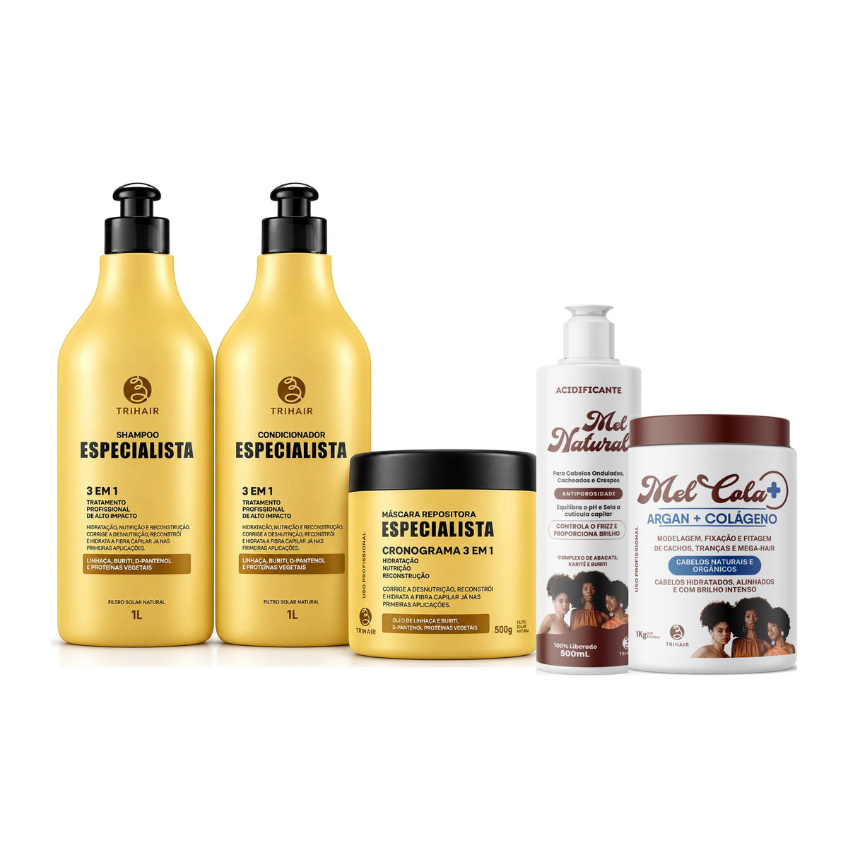 Kit Especialista Trihair + Mel Cola Argan + Colágeno 1kg + Acidificante Mel Natural 500ml