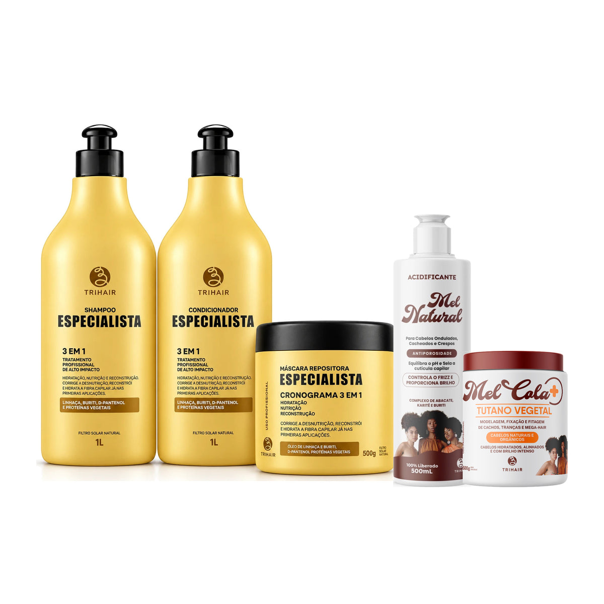 Kit Especialista Trihair + Mel Cola Tutano Vegetal 500g + Acidificante Mel Natural 500ml