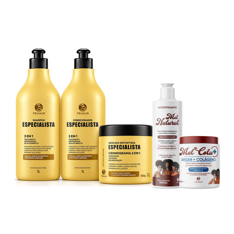 Kit Especialista Trihair + Mel Cola Argan + Colágeno 500g + Acidificante Mel Natural 500ml