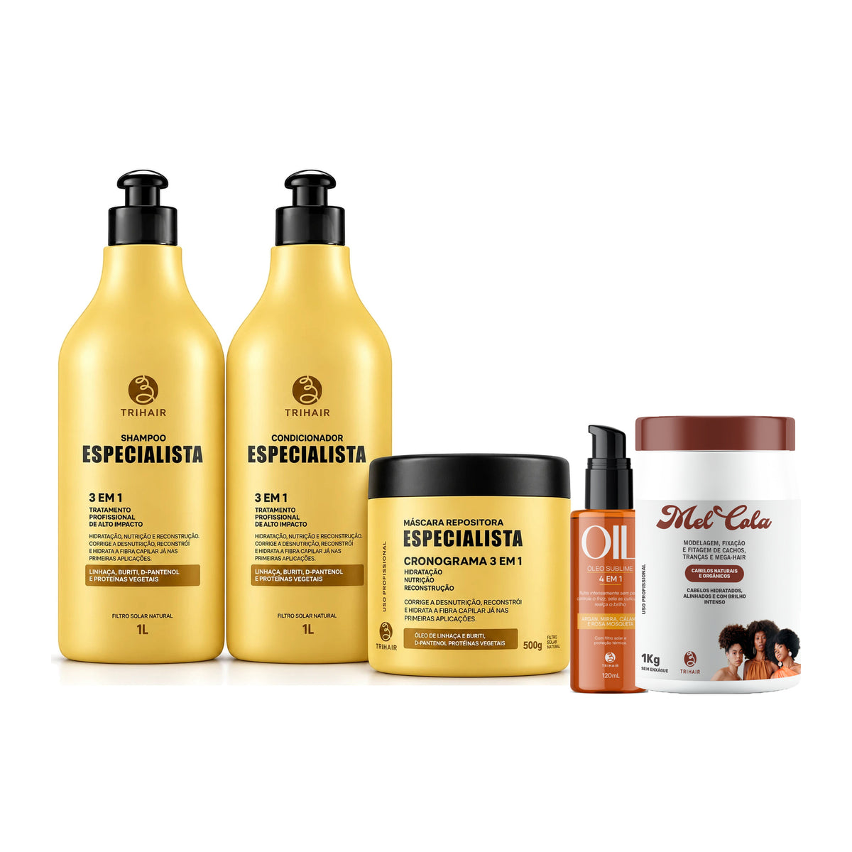 Kit Especialista Trihair + Mel Cola 1kg + Óleo Sublime 4 em 1 - Shampoo 1L, Condicionador 1L e Máscara 500g