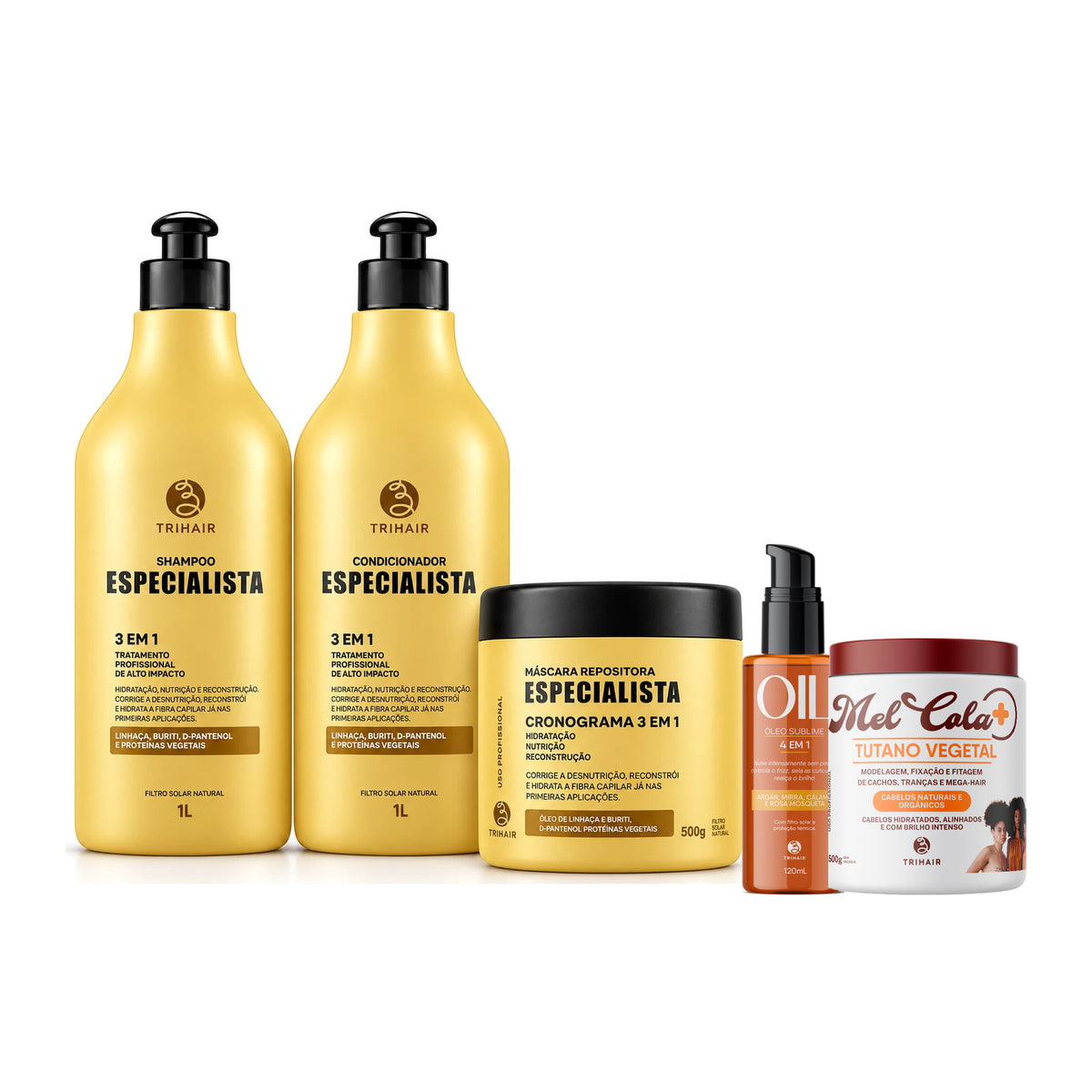 Kit Especialista Trihair + Mel Cola Tutano Vegetal 500g + Óleo Sublime 4 em 1 - Shampoo, Condicionador e Máscara