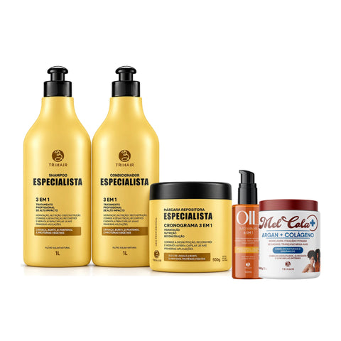 Kit Especialista Trihair + Mel Cola Argan + Colágeno 500g + Óleo Sublime 4 em 1 - Shampoo, Condicionador e Máscara