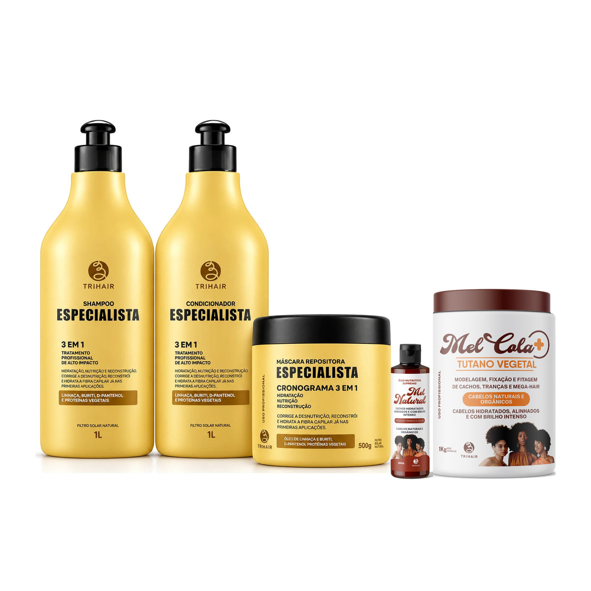 Kit Especialista Trihair + Mel Cola Tutano Vegetal 1kg + Óleo Nutritivo Mel Natural 60ml