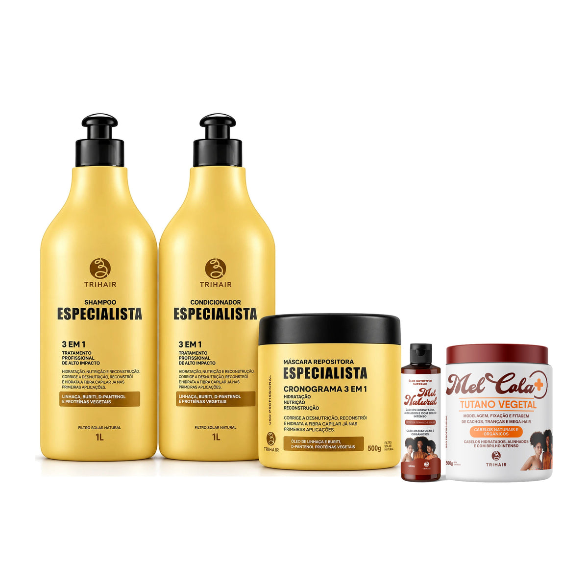 Kit Especialista Trihair + Mel Cola Tutano Vegetal 500g + Óleo Nutritivo Mel Natural 60ml