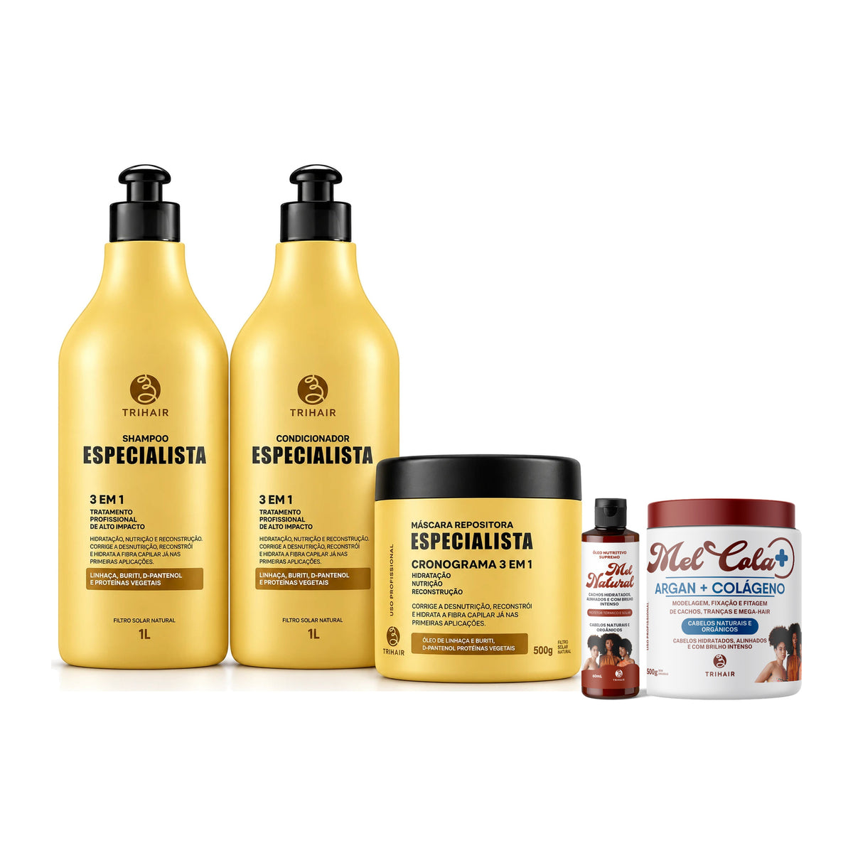 Kit Especialista Trihair + Mel Cola Argan + Colágeno 500g + Óleo Nutritivo Mel Natural 60ml