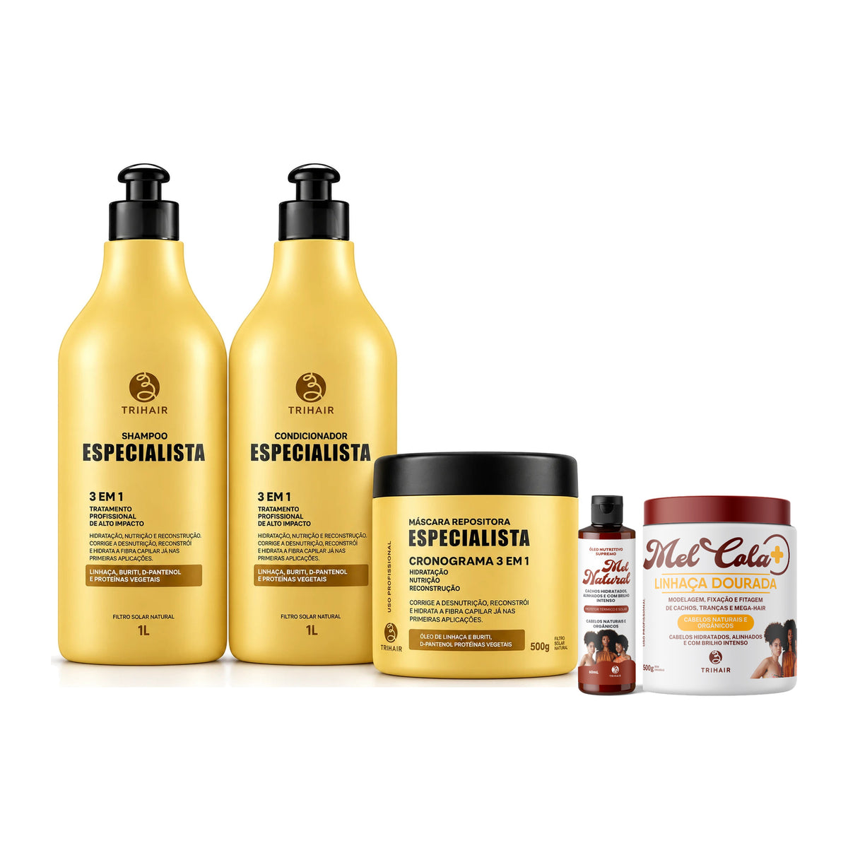 Kit Especialista Trihair + Mel Cola Linhaça Dourada 500g + Óleo Nutritivo Mel Natural 60ml