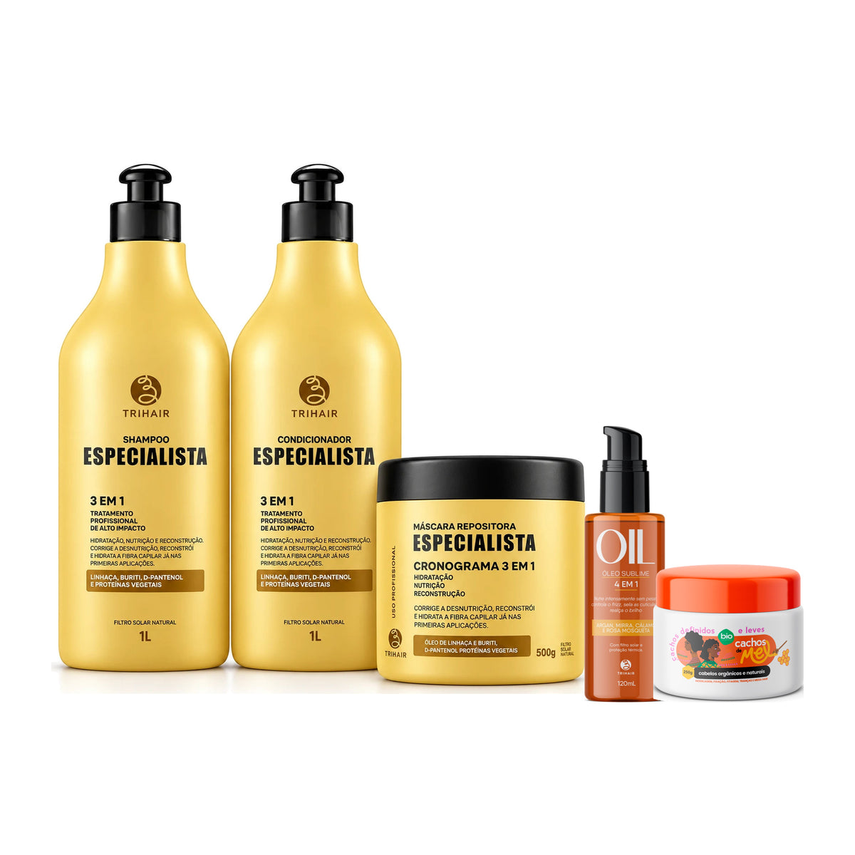 Kit Especialista Trihair + Cachos de Mel 250g + Óleo Sublime 4 em 1 - Shampoo 1L, Condicionador 1L e Máscara 500g