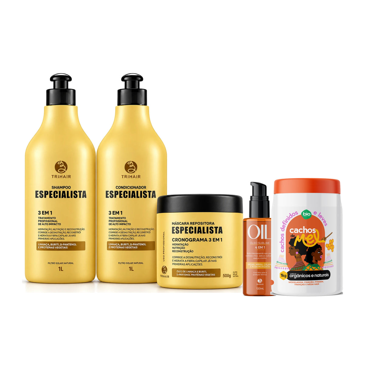 Kit Especialista Trihair + Cachos de Mel 1kg + Óleo Sublime 4 em 1 - Shampoo 1L, Condicionador 1L e Máscara 500g