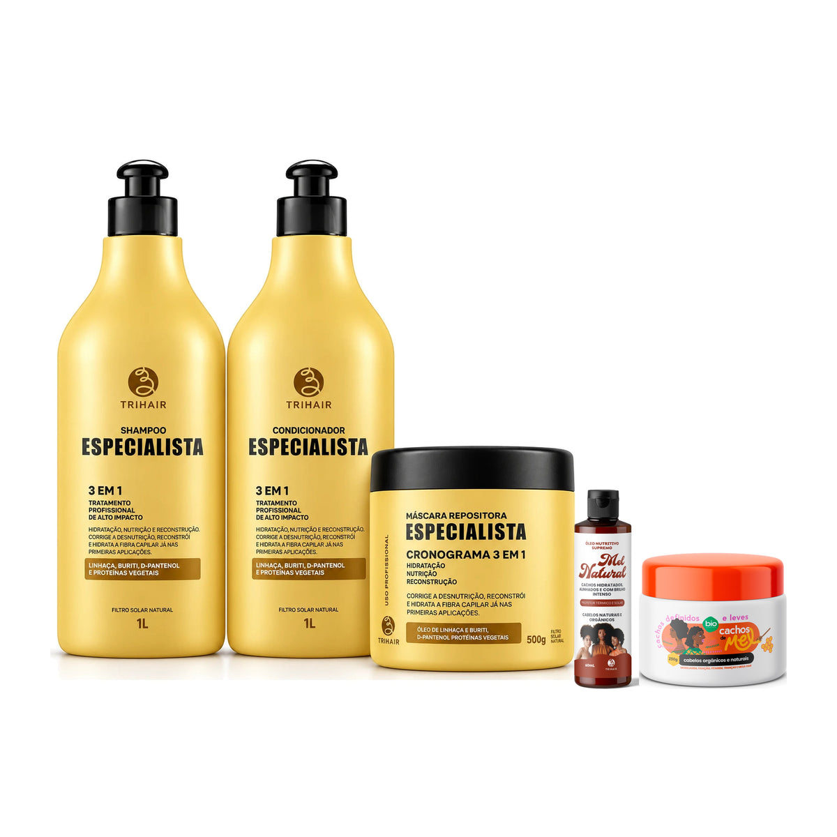 Kit Especialista Trihair + Cachos de Mel 250g + Óleo Nutritivo Mel Natural 60ml - Shampoo, Condicionador e Máscara