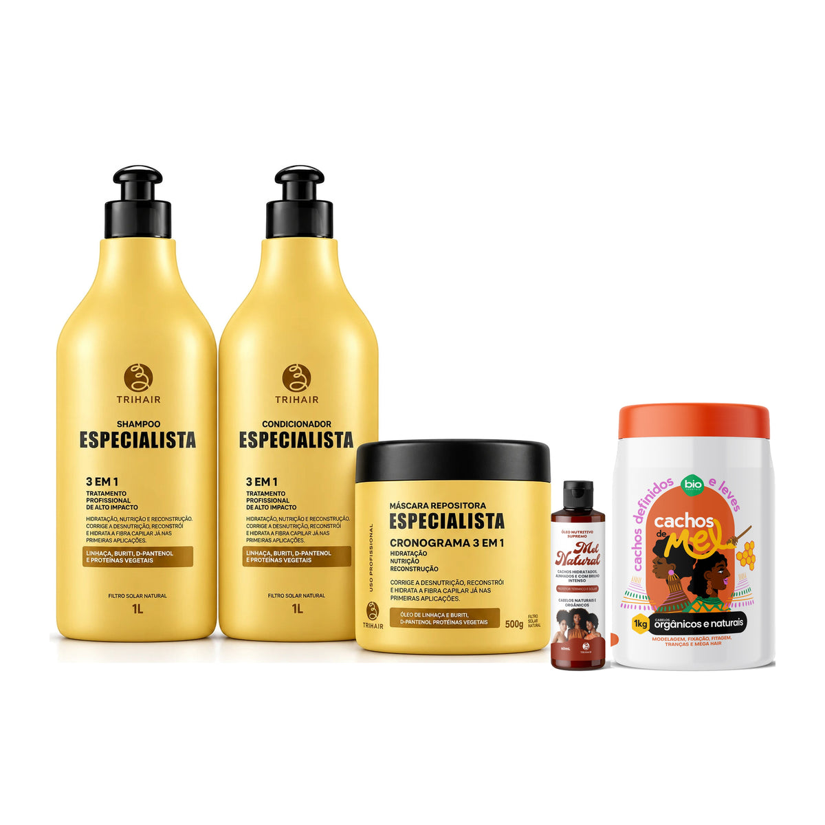 Kit Especialista Trihair + Cachos de Mel 1kg + Óleo Nutritivo Mel Natural 60ml - Shampoo, Condicionador e Máscara