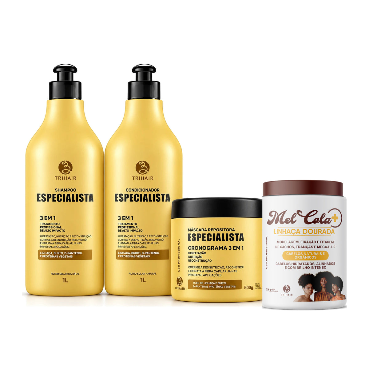 Kit Especialista Trihair + Mel Cola Linhaça Dourada 1kg - Shampoo 1L, Condicionador 1L e Máscara 500g