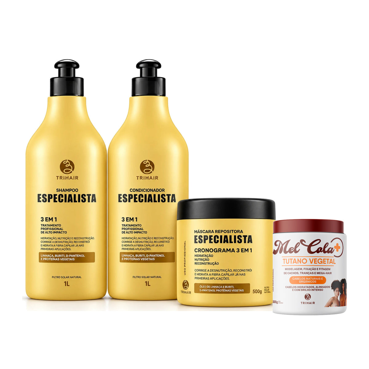 Kit Especialista Trihair + Mel Cola Tutano Vegetal 500g - Shampoo 1L, Condicionador 1L e Máscara 500g