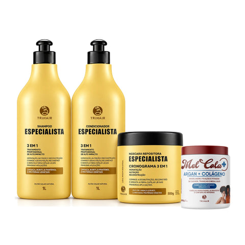 Kit Especialista Trihair + Mel Cola Argan + Colágeno 500g - Shampoo 1L, Condicionador 1L e Máscara 500g